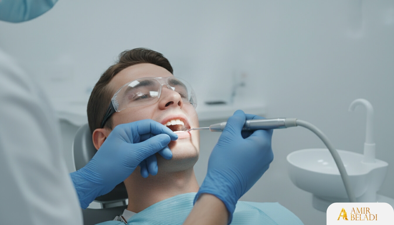 A close-up, over-the-shoulder shot of a dental hygienist's gloved hands using a professional ultrasonic scaler on a patient's teeth in a bright, modern, and sterile dental clinic room. The patient appears relaxed, and the image focuses on the precision and cleanliness of the procedure. Photorealistic, clinical lighting, shallow depth of field. --ar 16:9