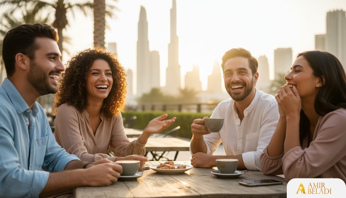 A vibrant lifestyle photograph of a diverse group of smiling friends in their 30s enjoying coffee at a chic outdoor cafe in Dubai. The warm, golden hour light highlights their genuinely happy expressions and healthy, brilliant smiles, focusing on the confidence and connection that comes with a great smile. Professional photography, natural lighting, candid feel. --ar 16:9