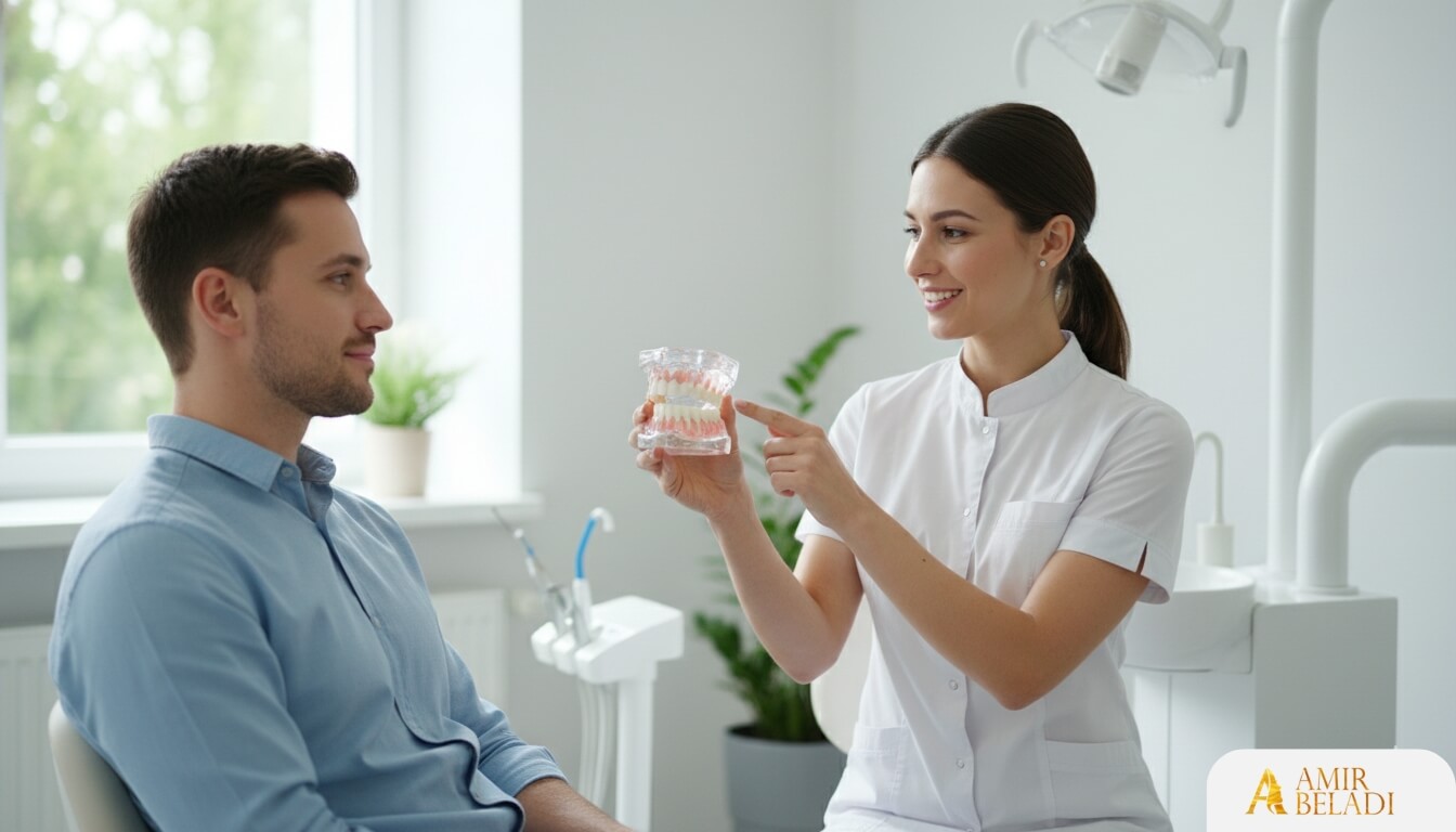 A friendly and professional dentist in a bright, modern consultation room, smiling as she explains a procedure to a relaxed patient using a clear anatomical model of teeth. The room is well-lit with natural light from a window, creating a calm and trustworthy atmosphere. Photorealistic, clean aesthetic, professional setting. --ar 16:9