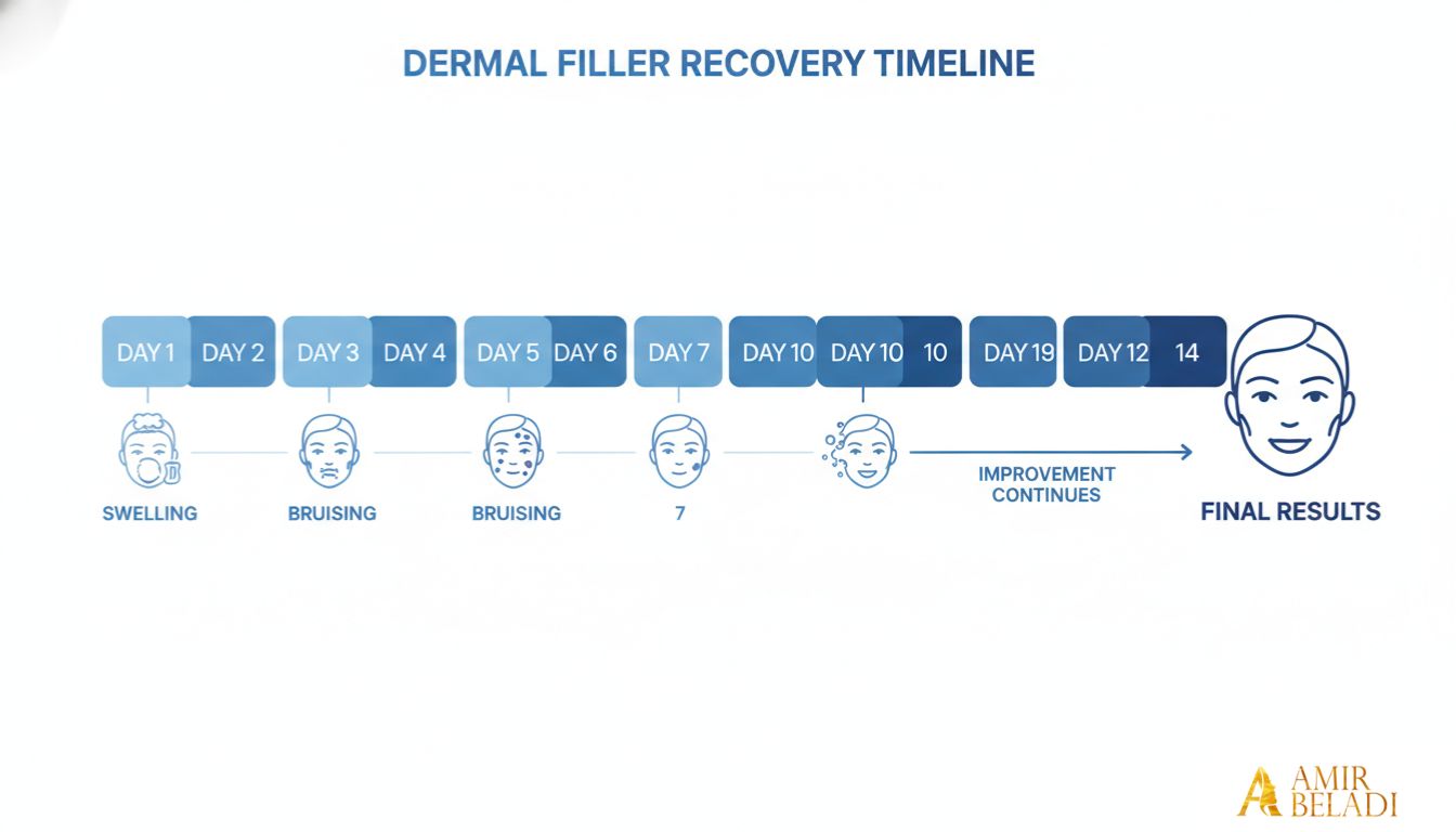 Infographic calendar showing the 14-day recovery timeline after dermal fillers