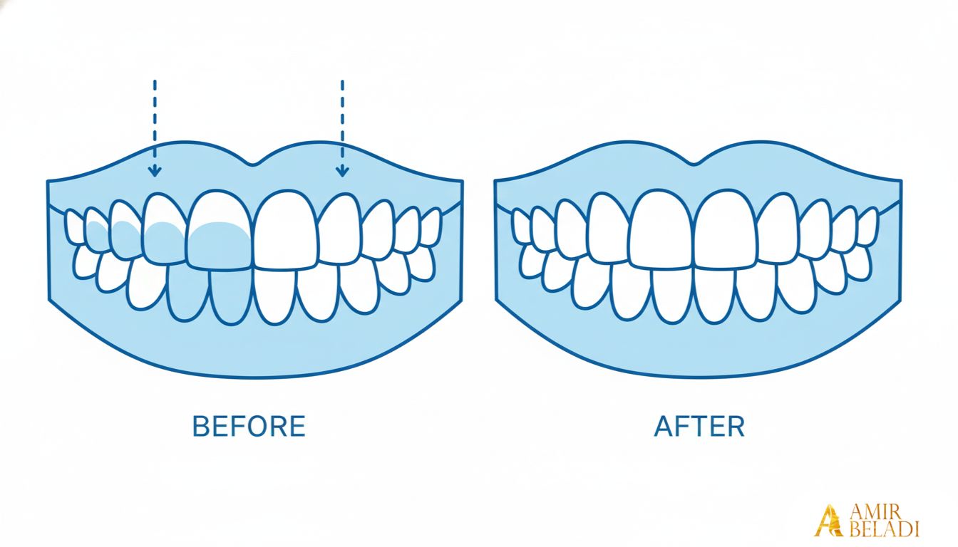 Illustration comparing a gummy smile before and after crown lengthening