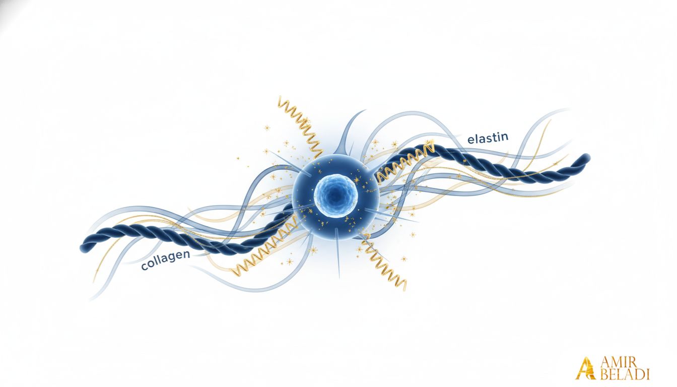Medical illustration of a fibroblast cell being activated to produce collagen and elastin