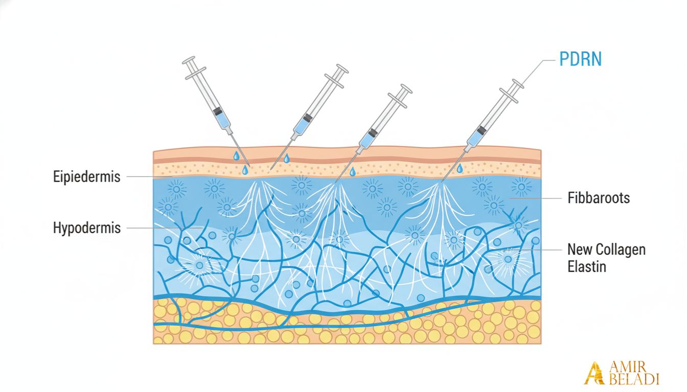 Medical illustration of PDRN injections into the skin dermis to stimulate collagen