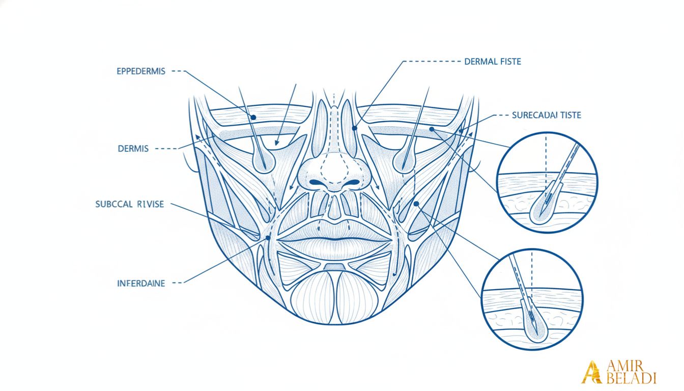 Medical illustration showing common dermal filler injection sites on a face