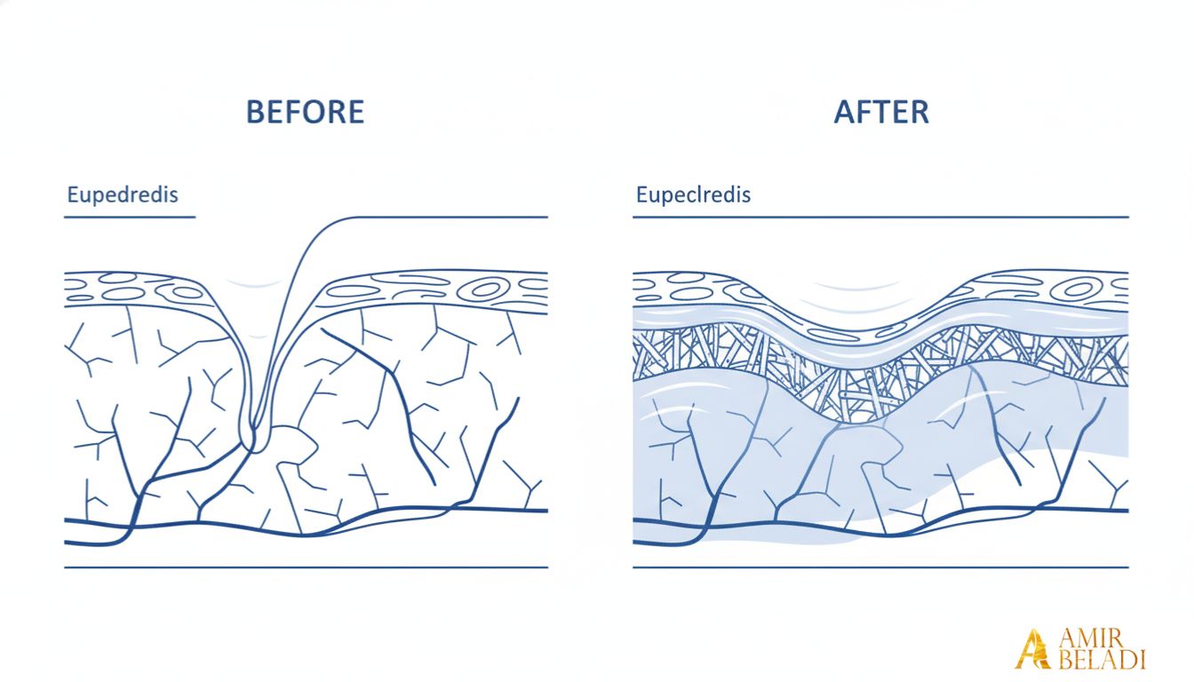 Medical illustration of a skin cross-section showing how filler supports the skin