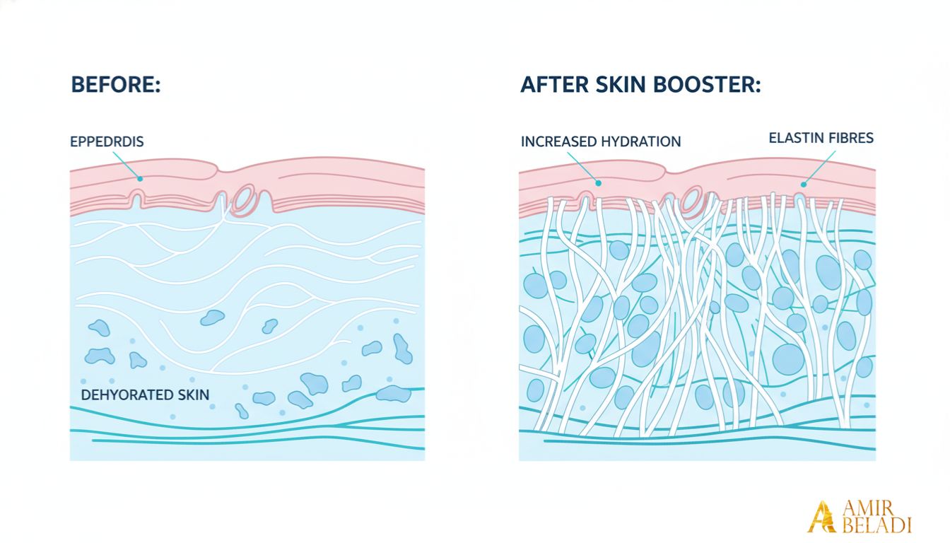 Medical illustration of skin cross-section before and after skin booster treatment