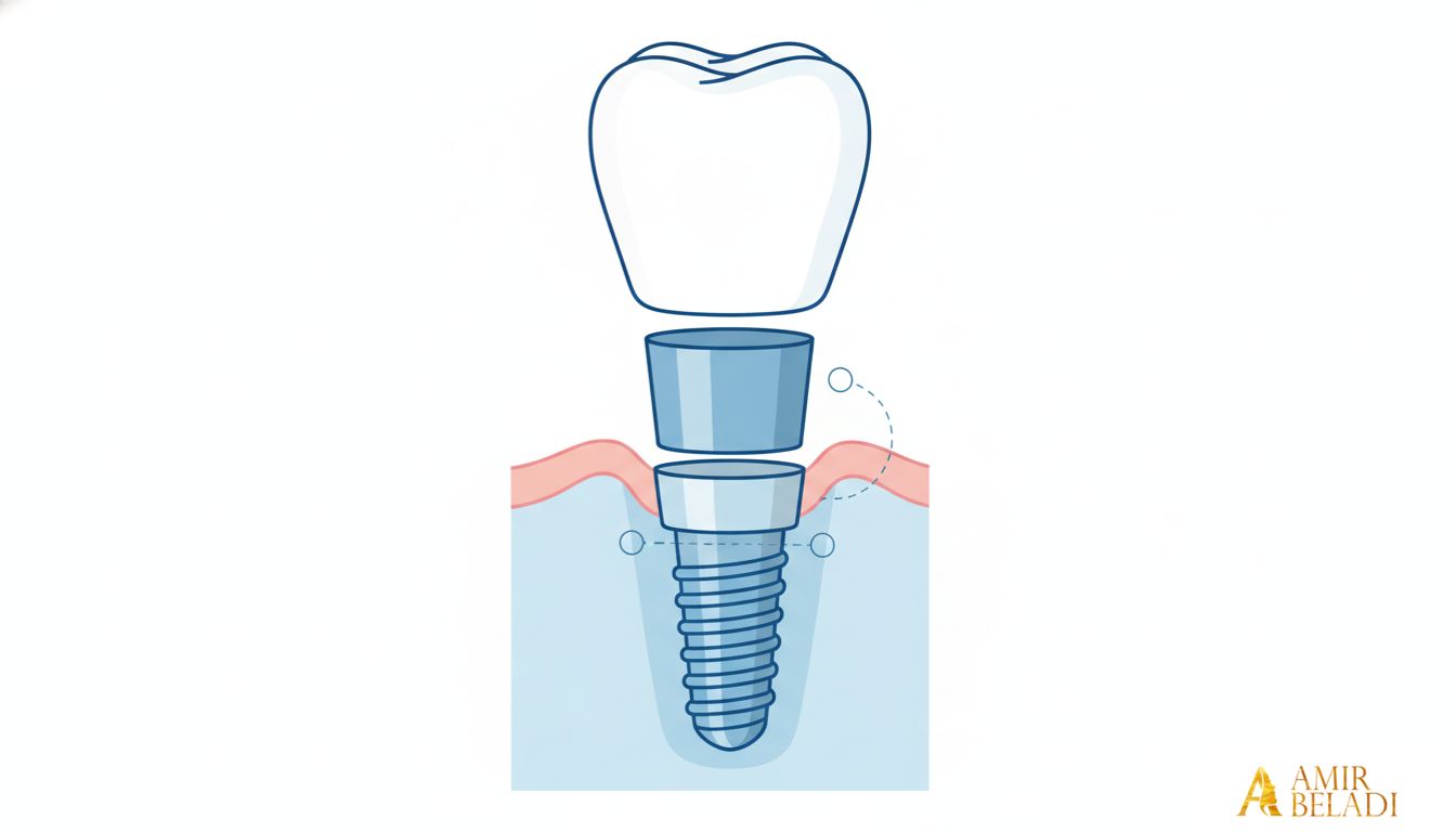 Medical illustration of the three components of a dental implant