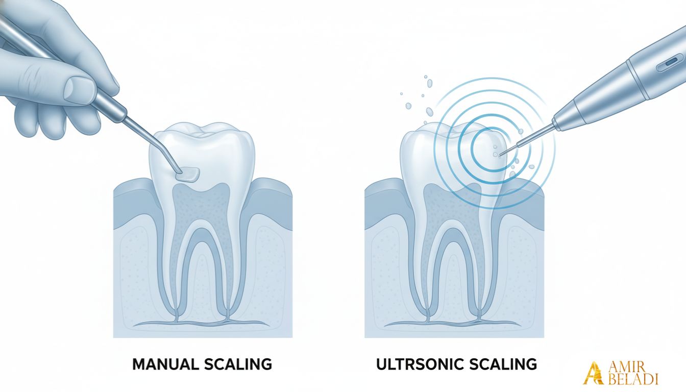 Medical illustration comparing manual and ultrasonic dental scaling