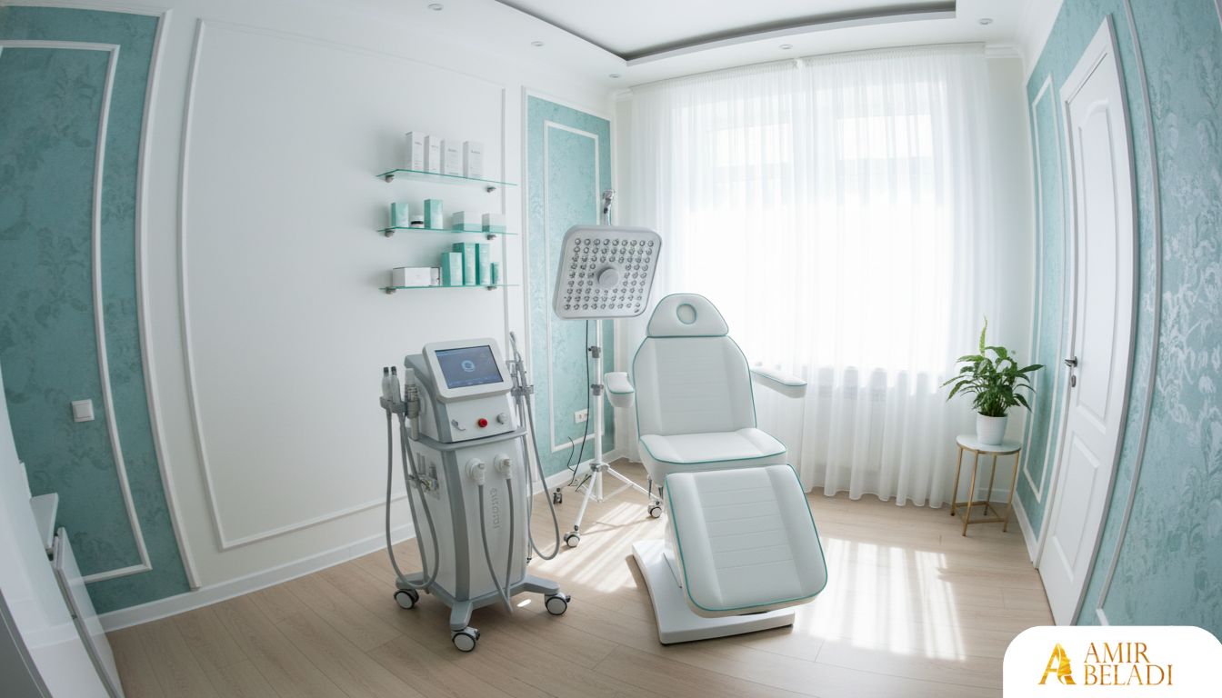 Contemporary medical treatment room with aqua-dermabrasion machine