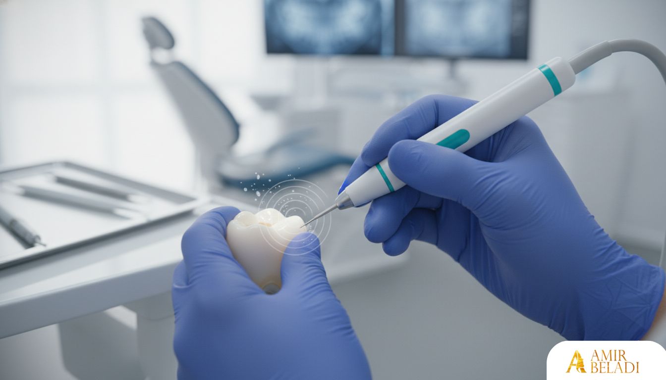 Dental professional using an ultrasonic scaler on a patient's tooth