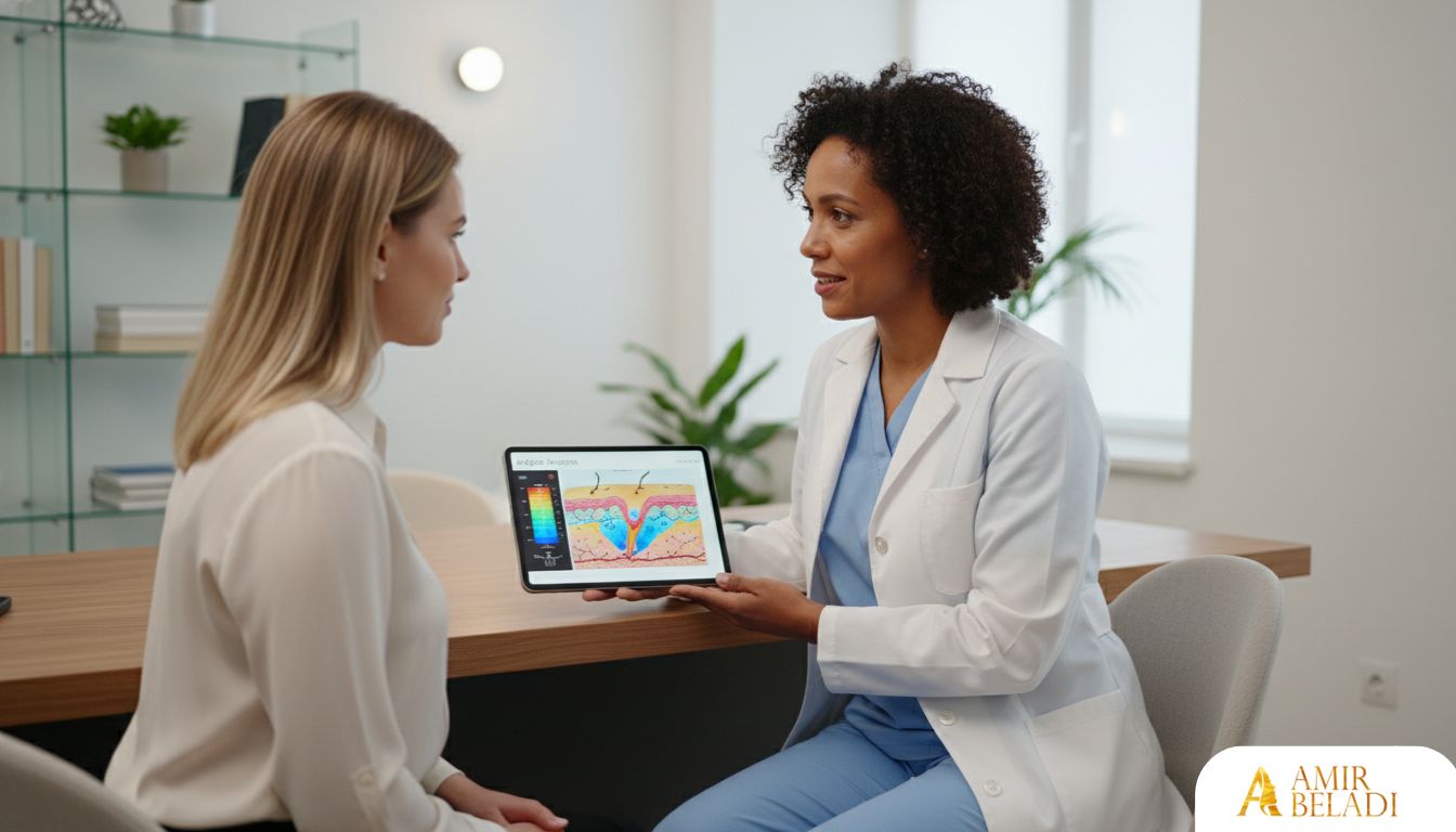 Dermatologist explaining skin hydration to a patient