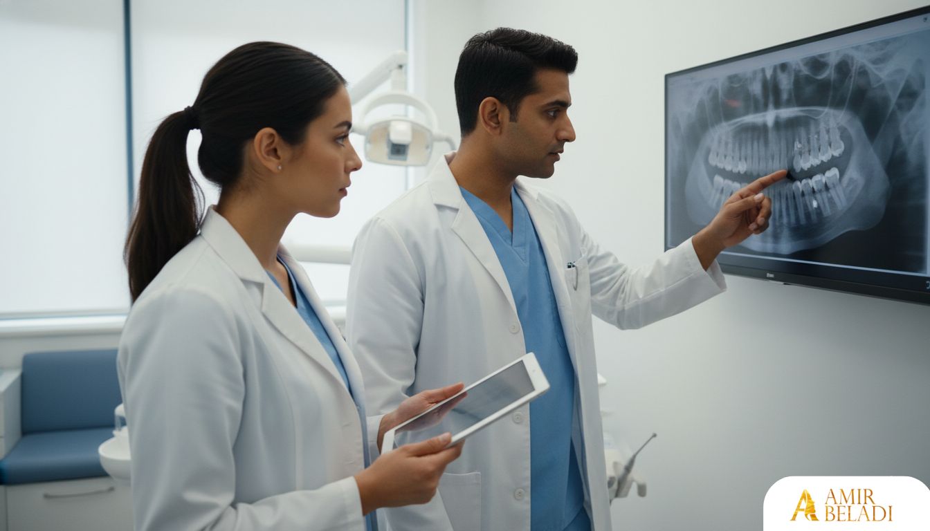 Dental professionals reviewing a patient's x-ray