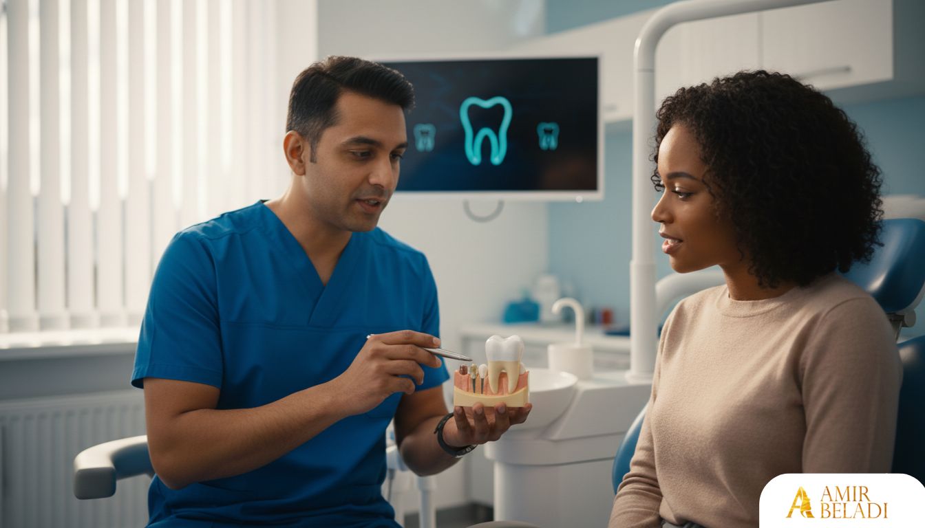 Prosthodontist explaining an E-max crown to a patient