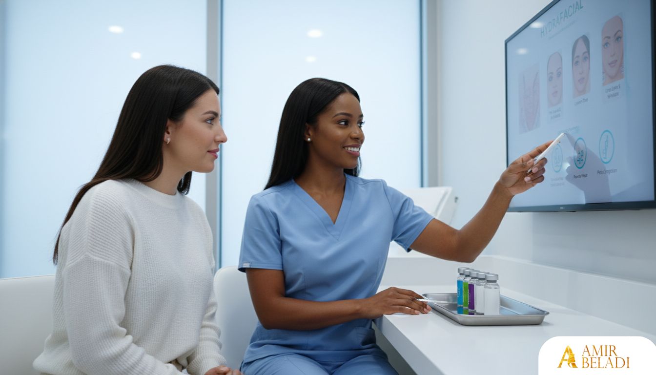 Aesthetician explaining Hydrafacial boosters to a patient in a consultation room
