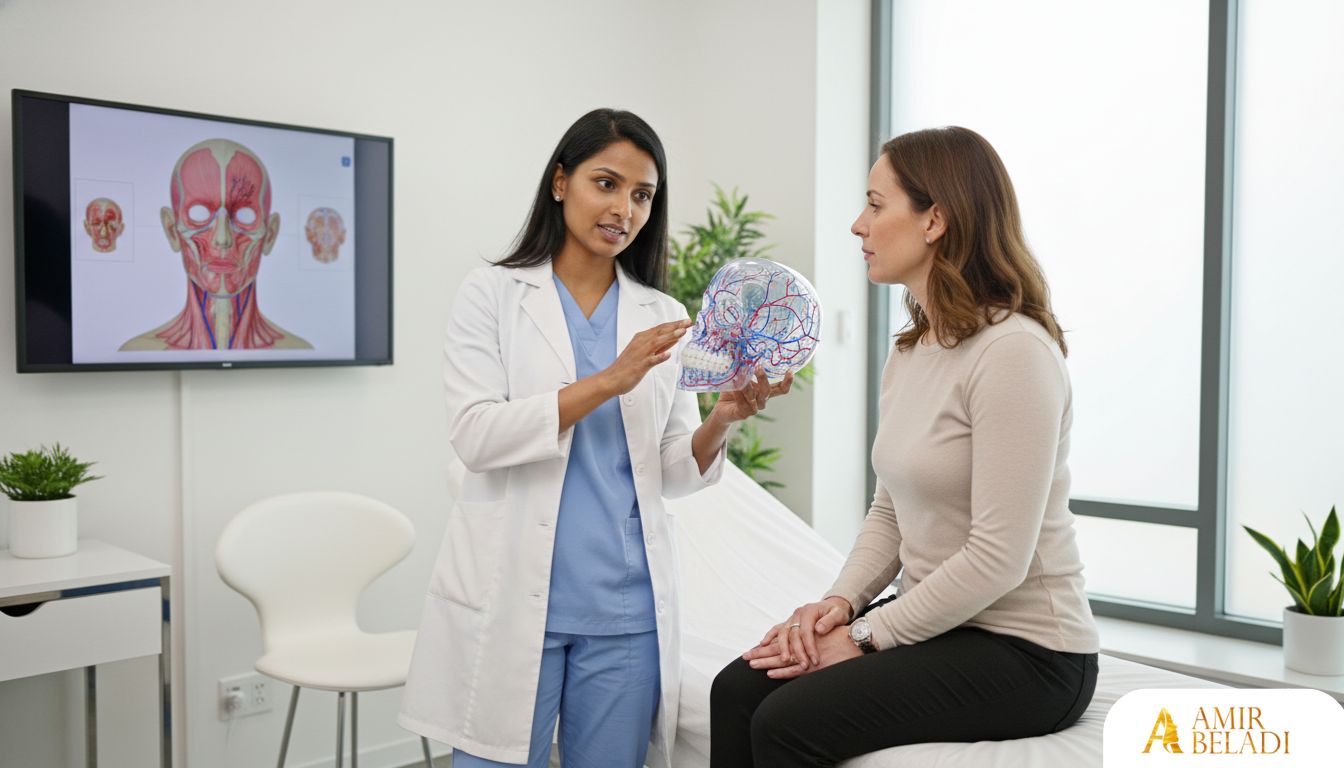 Medical professional explaining injection points on a patient's face diagram