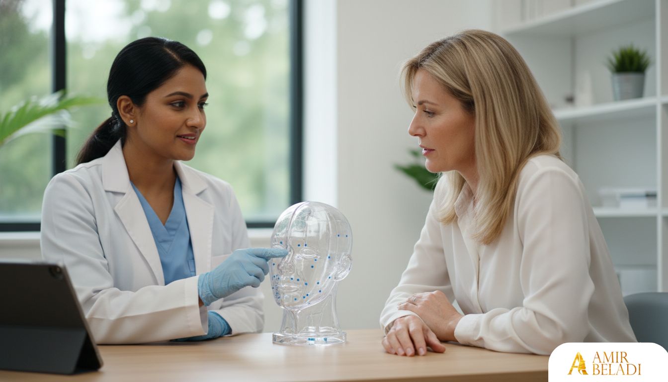 Doctor explaining skin booster BAP injection points on a model to a patient