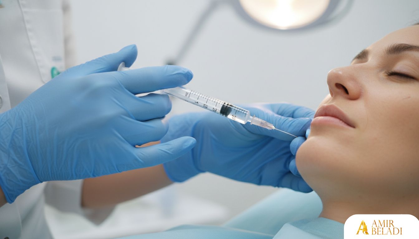 Medical professional's gloved hands performing a dermal filler injection