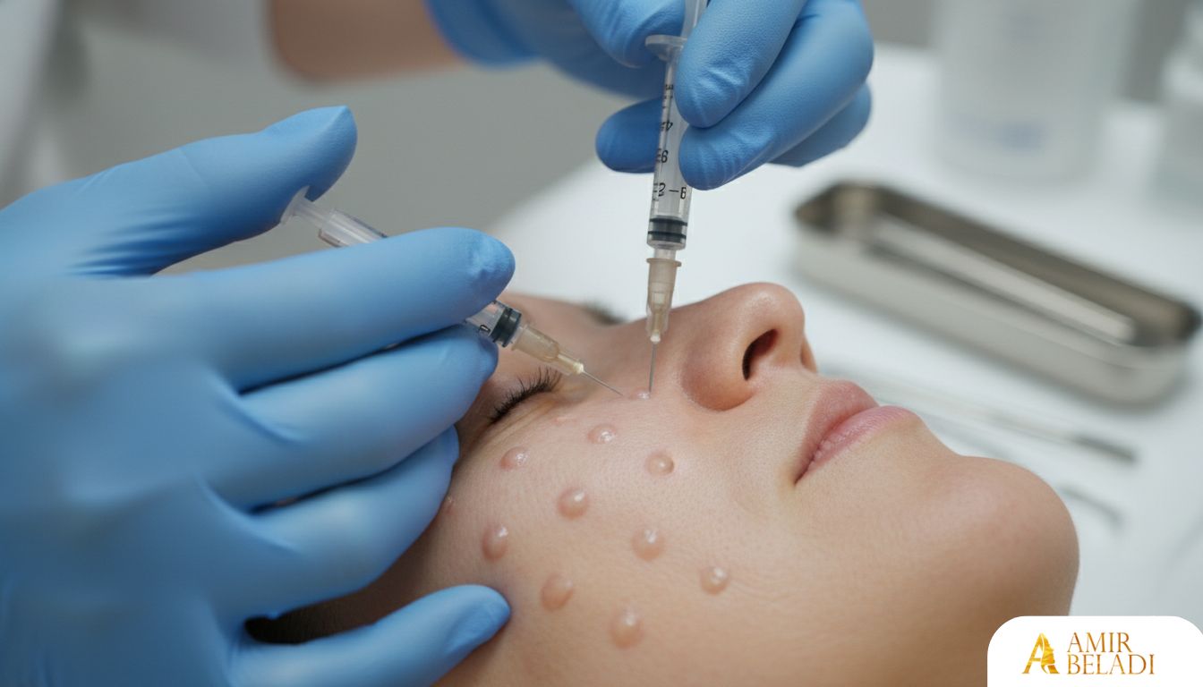 Close-up of doctor performing PDRN micro-injections on a patient's cheek