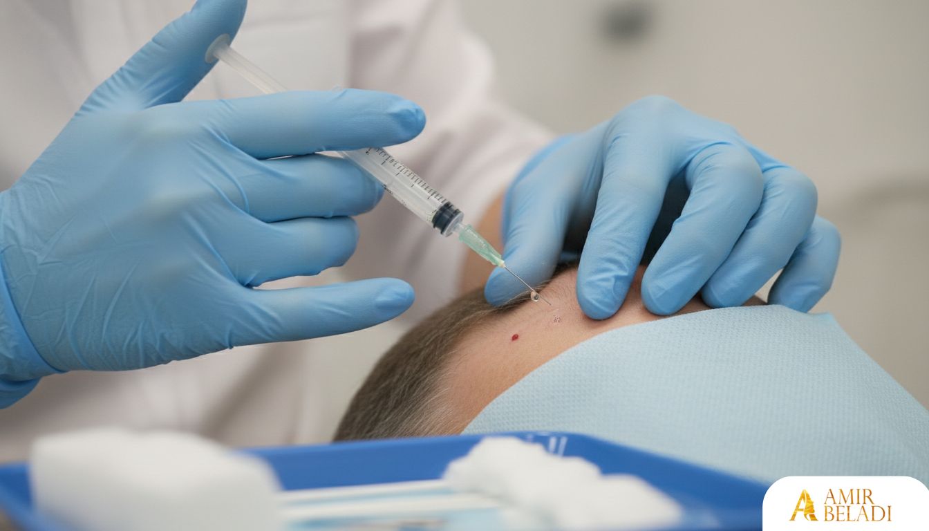 Close-up of doctor performing PRP scalp injections for hair restoration