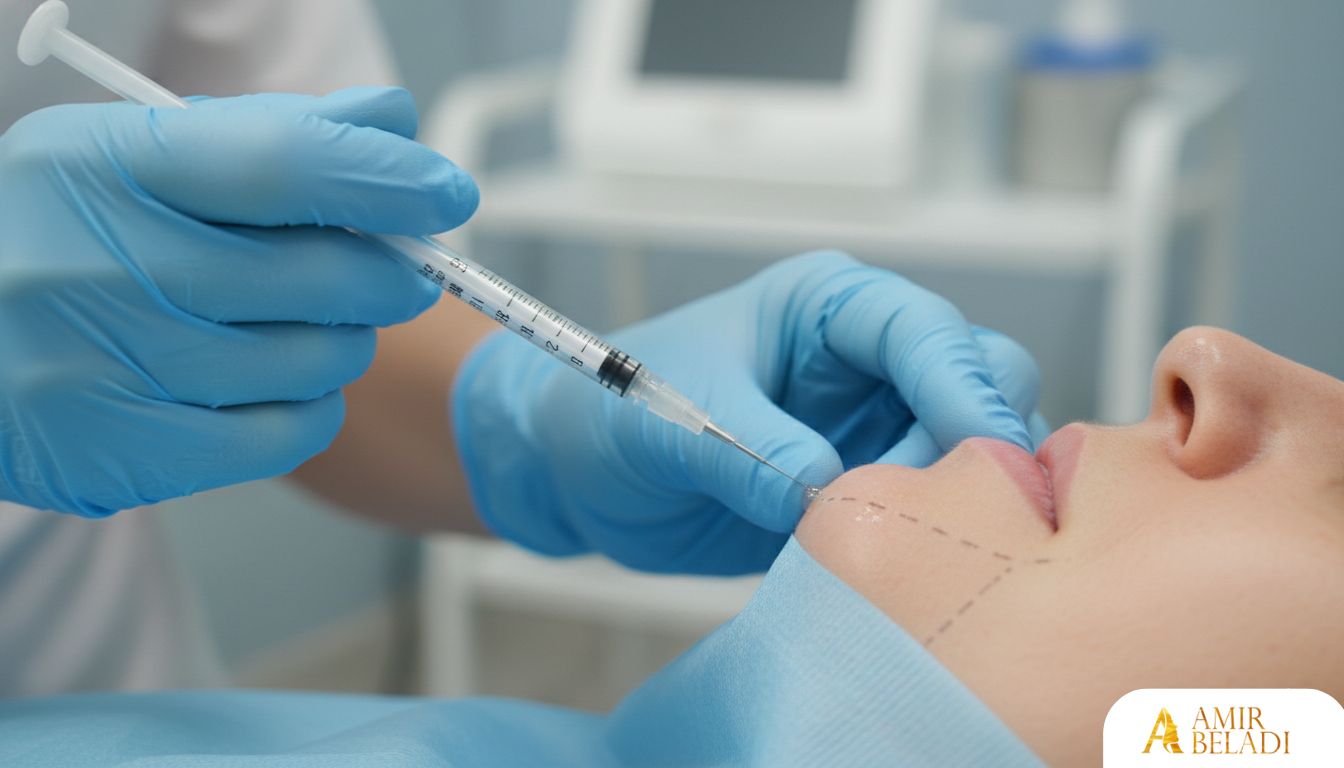 Doctor performing jawline filler injection with a micro-cannula