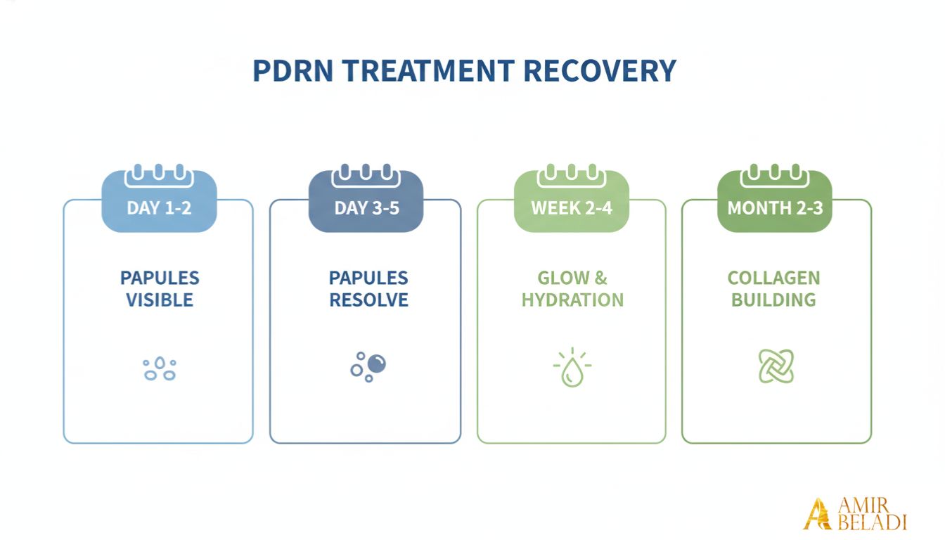 Infographic showing the recovery timeline for PDRN treatment over several weeks