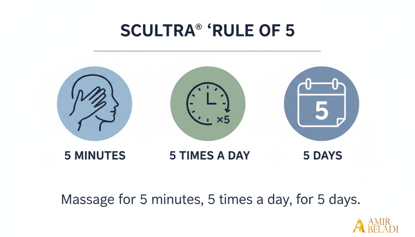 Infographic showing the Sculptra Rule of 5: 5 minutes, 5 times a day, for 5 days
