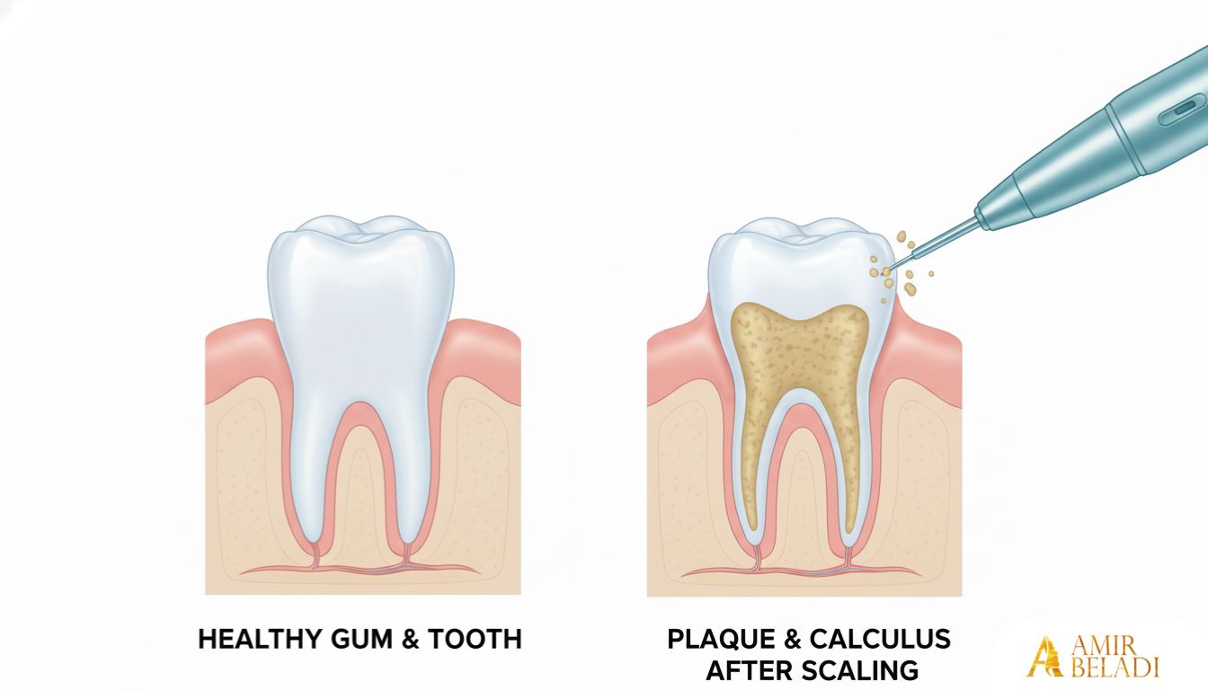 Medical illustration comparing healthy gum and tooth with buildup