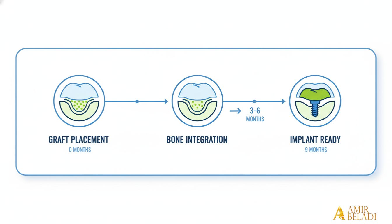 Infographic timeline of 9-month healing process after sinus lift