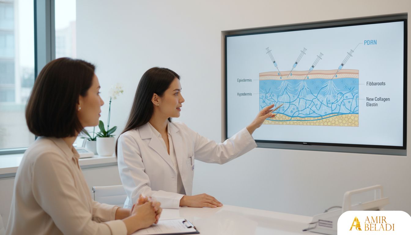 Female medical specialist explaining PDRN treatment to a patient in a consultation room