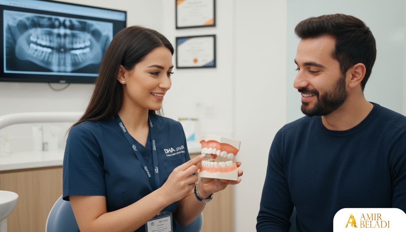 DHA-licensed dentist explaining the dental crown procedure to a patient