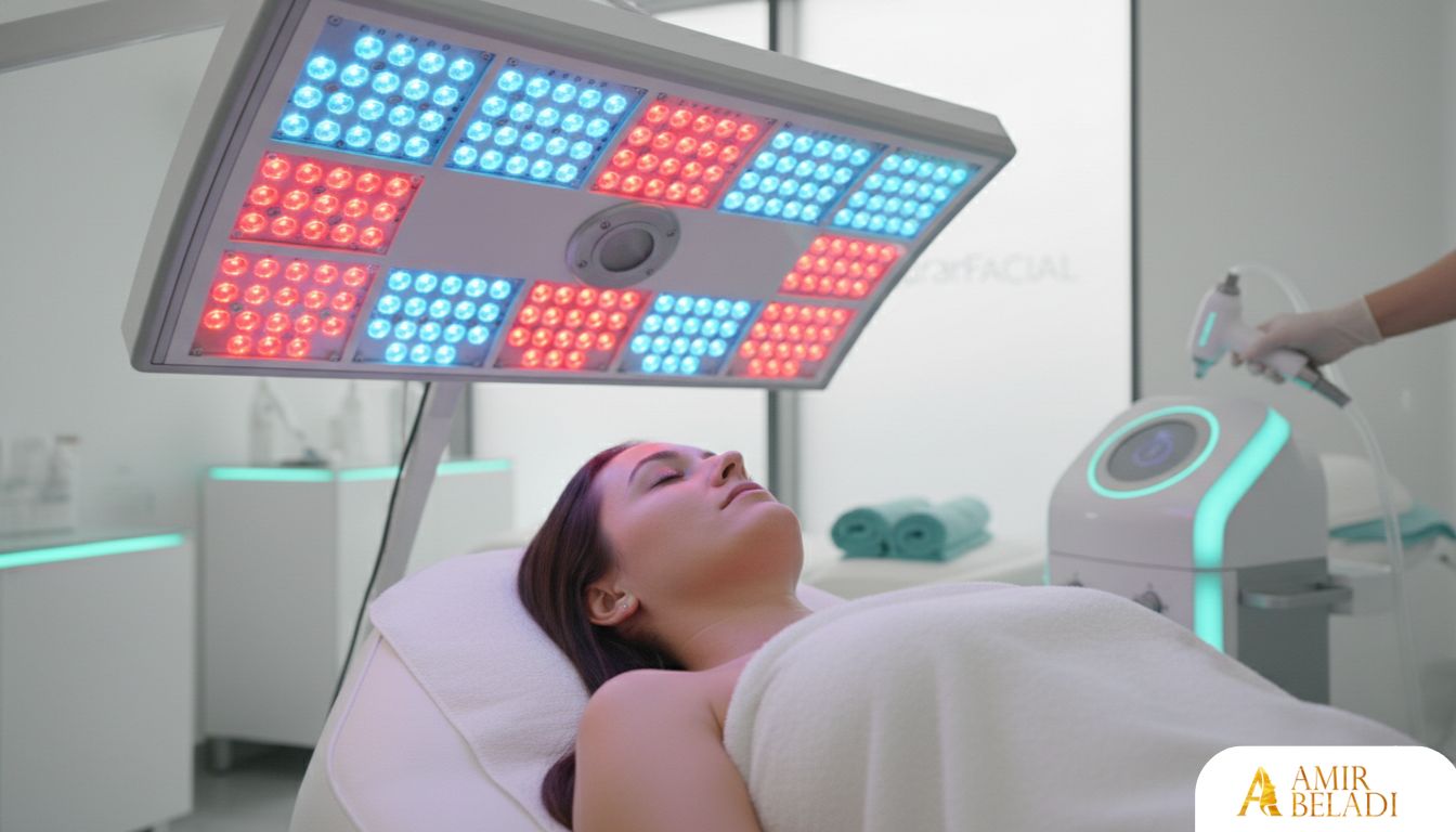 Patient relaxing under LED light therapy after a facial treatment