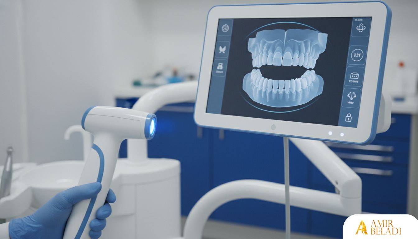 Modern 3D intraoral scanner used for dental crown impressions at Amir Beladi Polyclinic