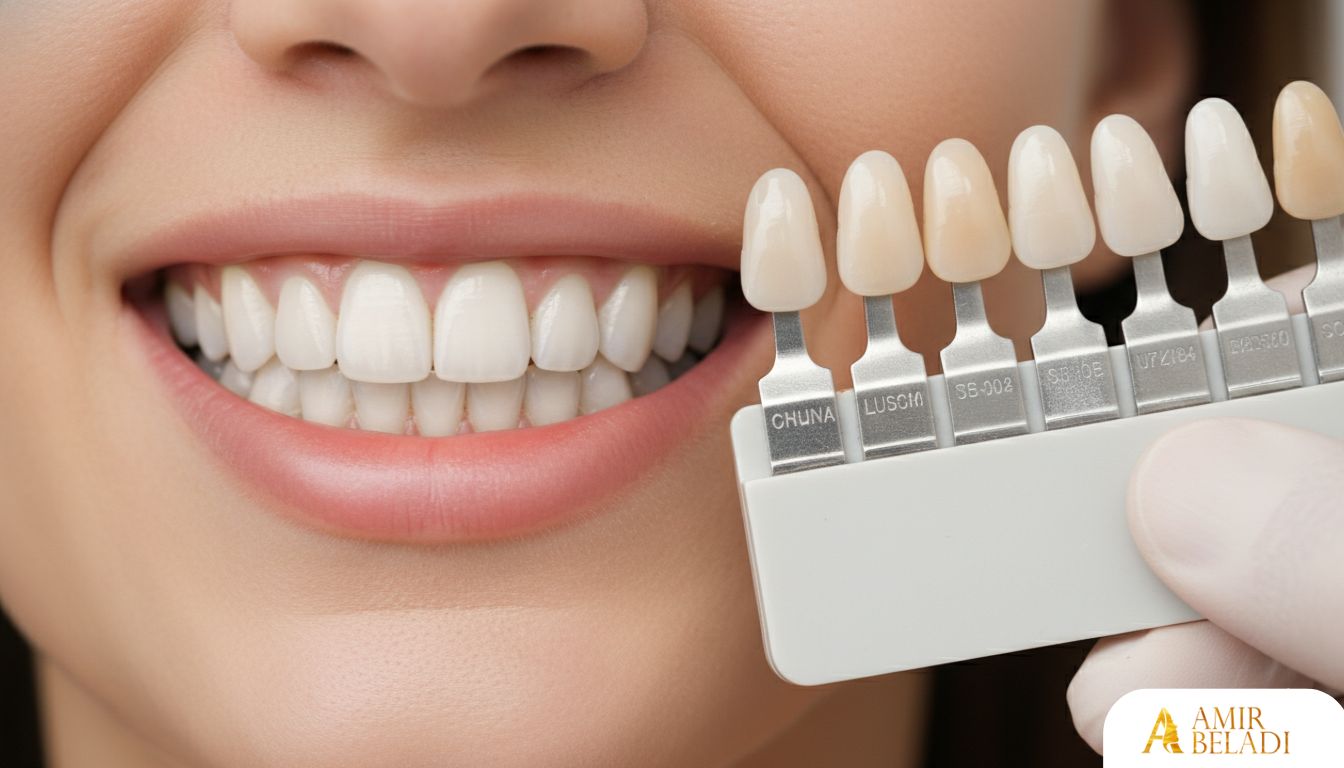 Dentist using a shade matching guide to select the perfect color for a dental crown