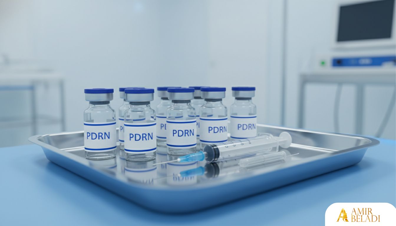 Sterile vials of PDRN Salmon DNA treatment and syringe on a medical tray