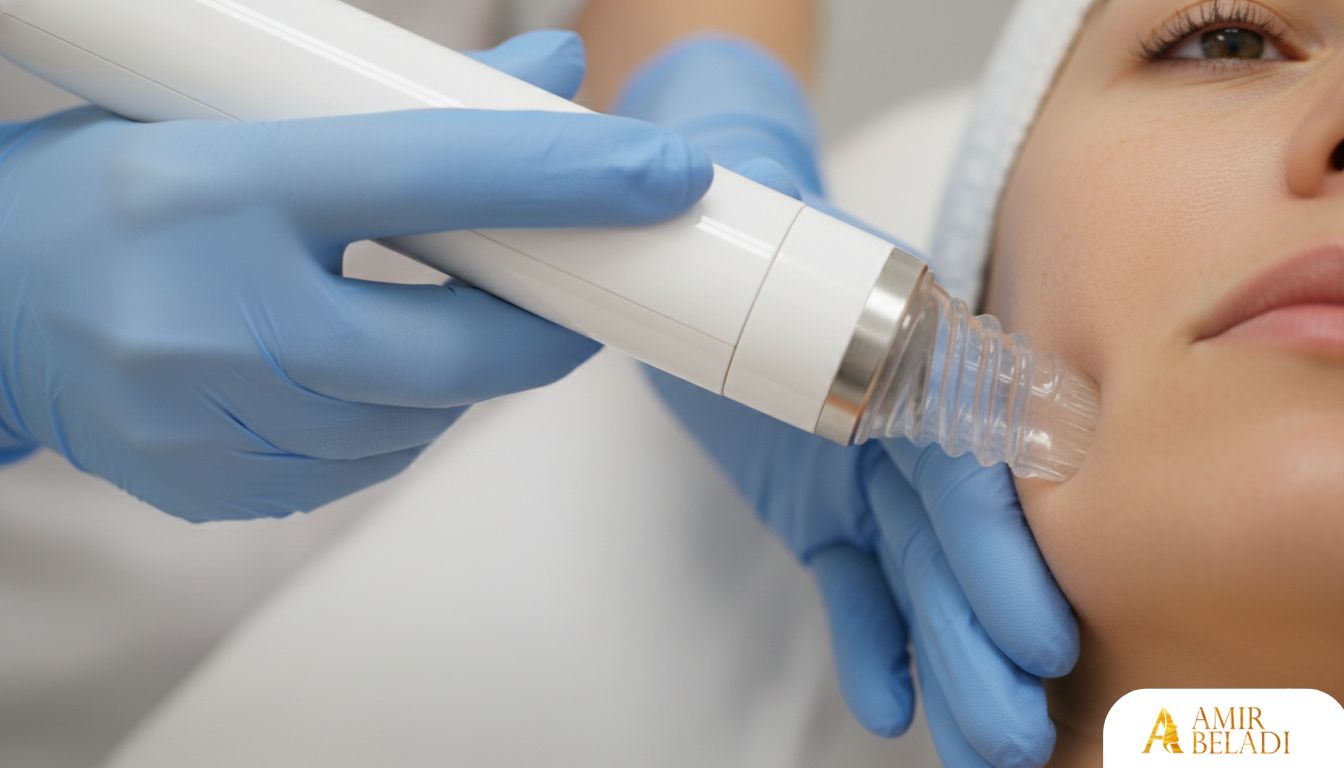 Gloved hands performing Hydrafacial procedure on a patient's cheek