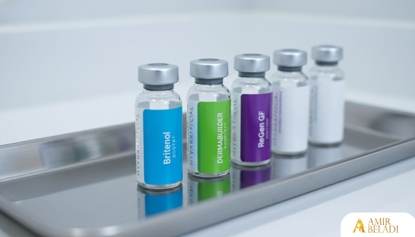 A collection of Hydrafacial booster serum vials on a medical tray